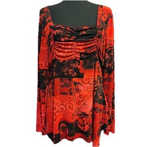 Vtg Egen Blouse Large Asian Themed Slinky Top Asymmetrical Hem Ruched Whimsigoth